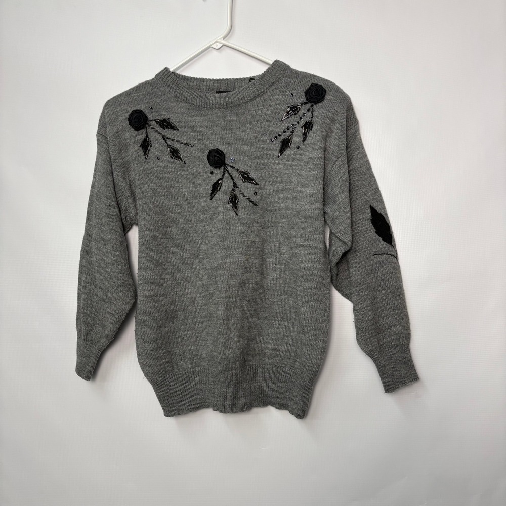 Beautifully Mine Vintage Gray Beaded Floral Rosette Knit Sweater Womens Small